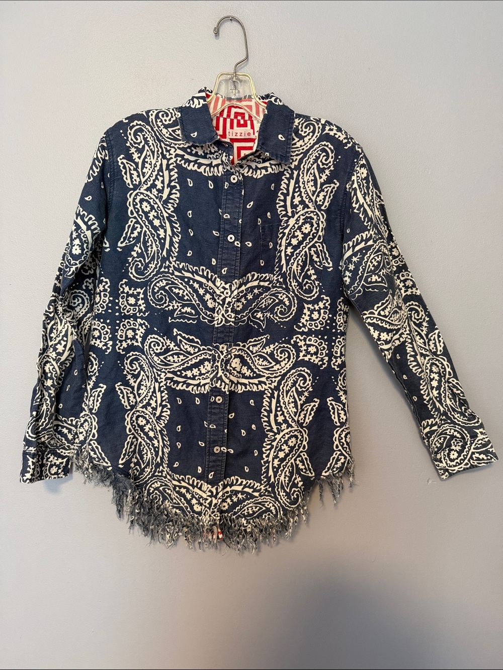 Tizzie Oversized Navy Paisley Fringe Hem Shirt Boho Linen Cotton Blend - Picture 2 of 13